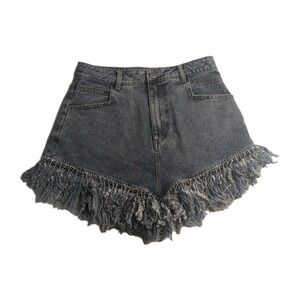 Main Strip Denim Shorts Rhinestone Cowgirl Fringe High Rise Booty Concert